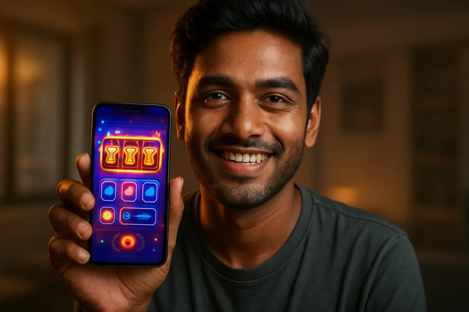 Young Bangladeshi man smiling, holding phone showing glowing casino app interface