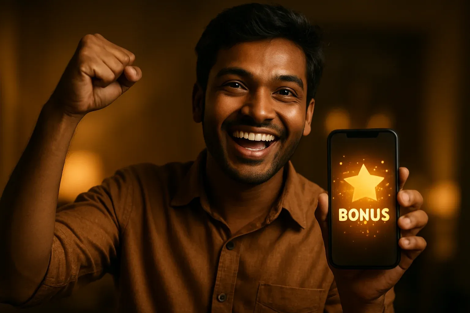 Joyful Bangladeshi man celebrating with smartphone showing glowing golden bonus notification