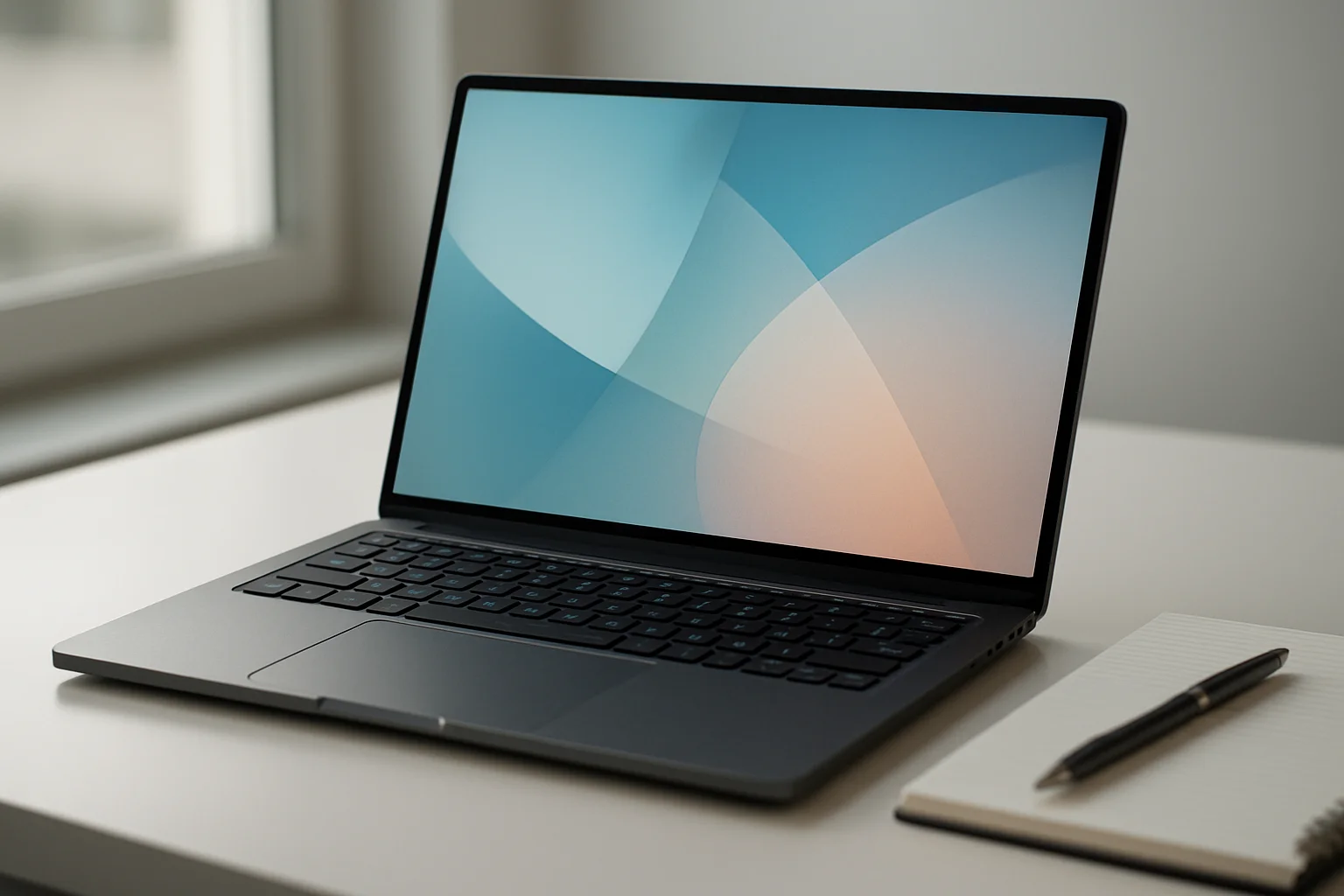 Modern laptop on white desk with glowing abstract screen in daylight