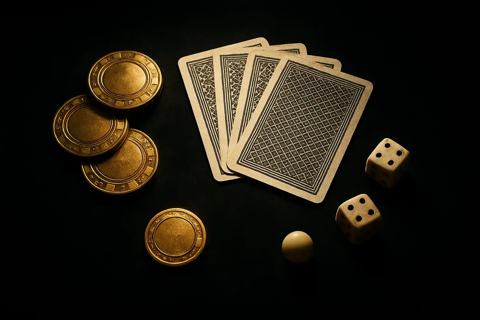 Top-down flat-lay of velvet surface with gold chips, cards, dice, roulette ball