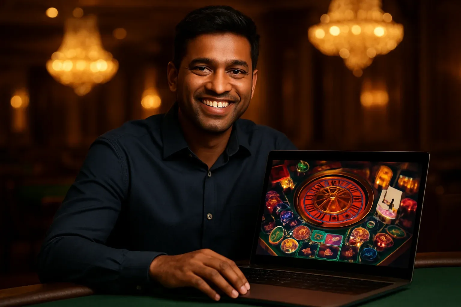 Cheerful Bangladeshi man smiling at open laptop in casino lounge