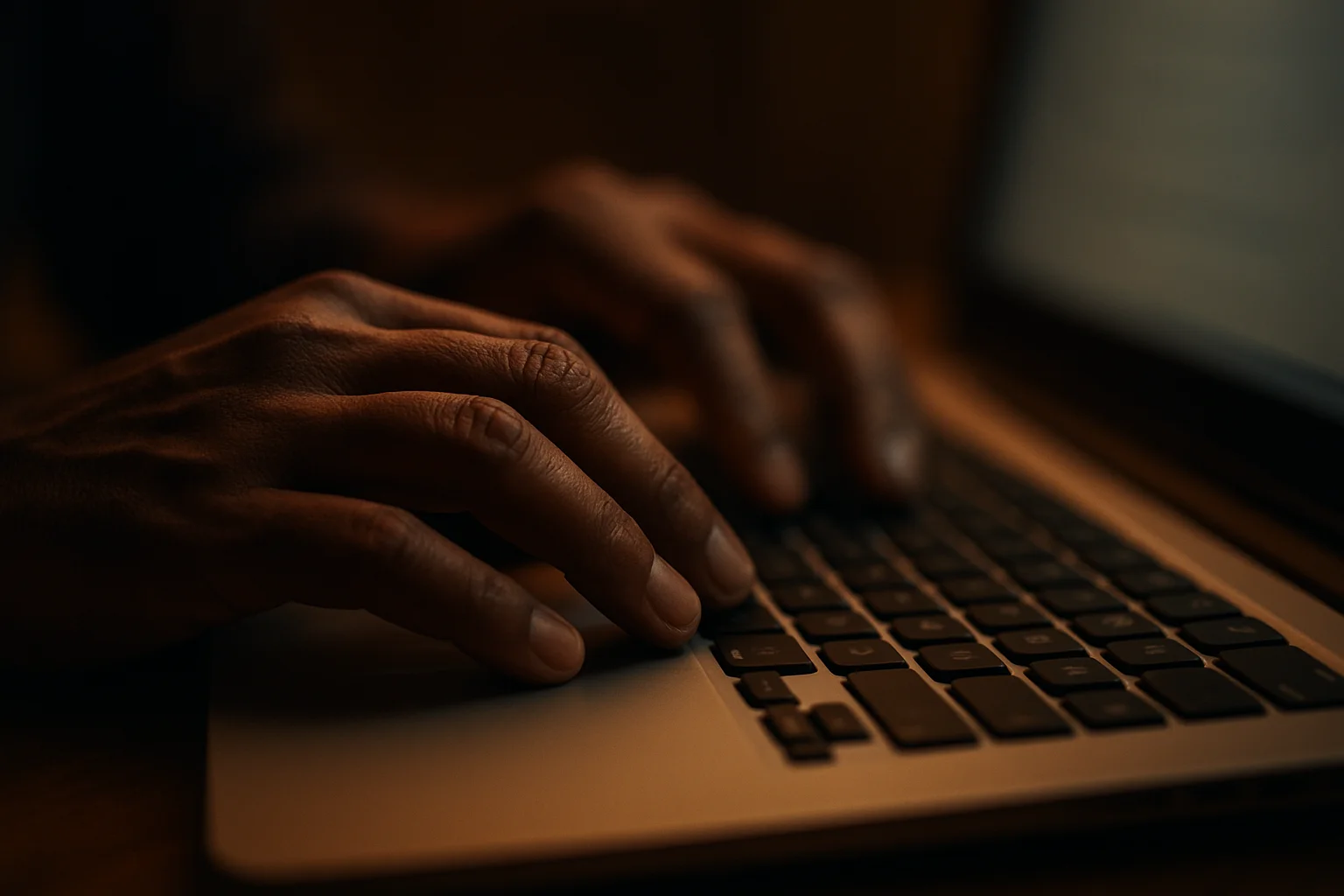 Close-up of Bangladeshi hands typing on laptop keyboard in low light