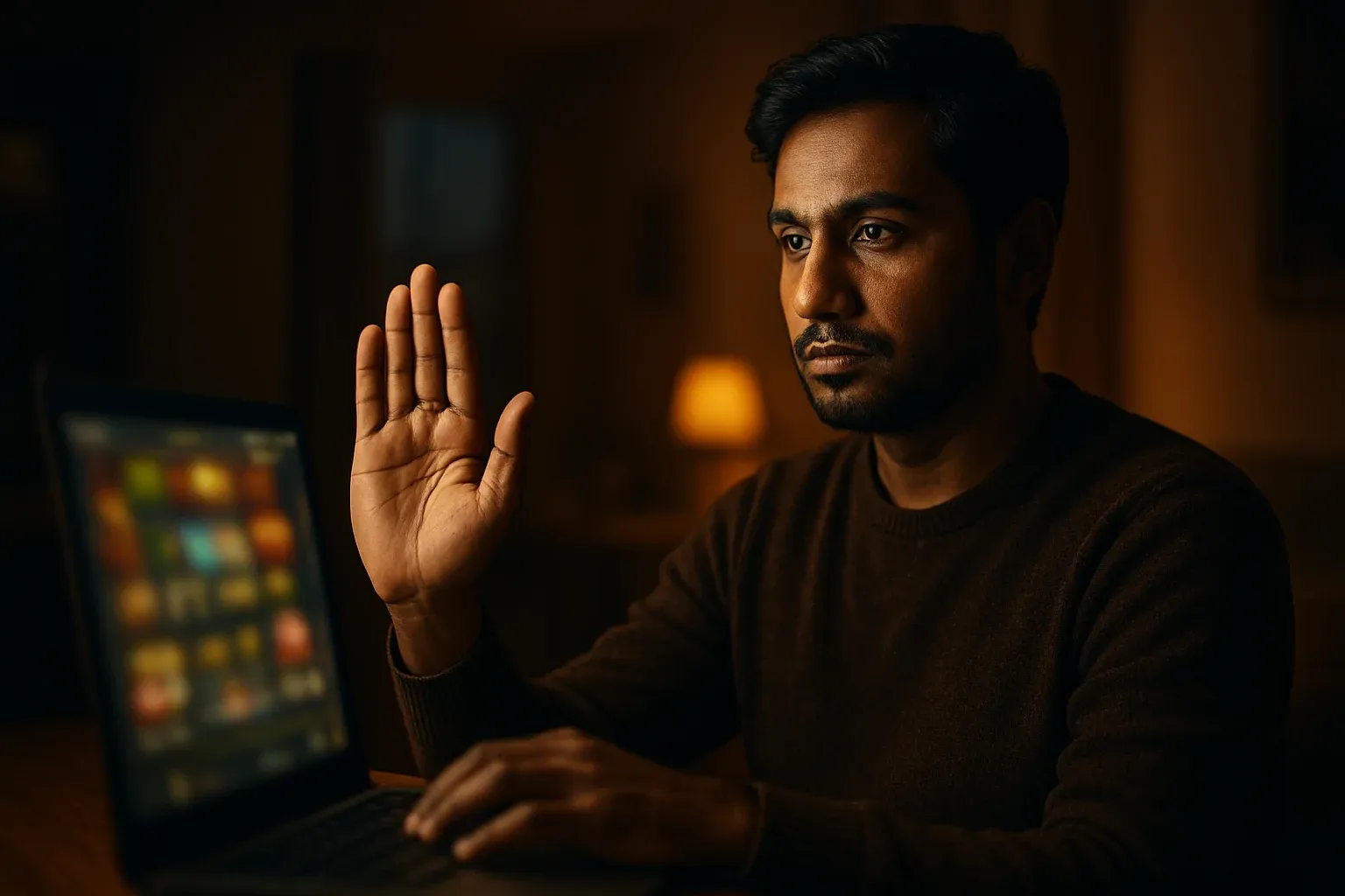 Bangladeshi man raises stop hand by laptop with blurred online casino