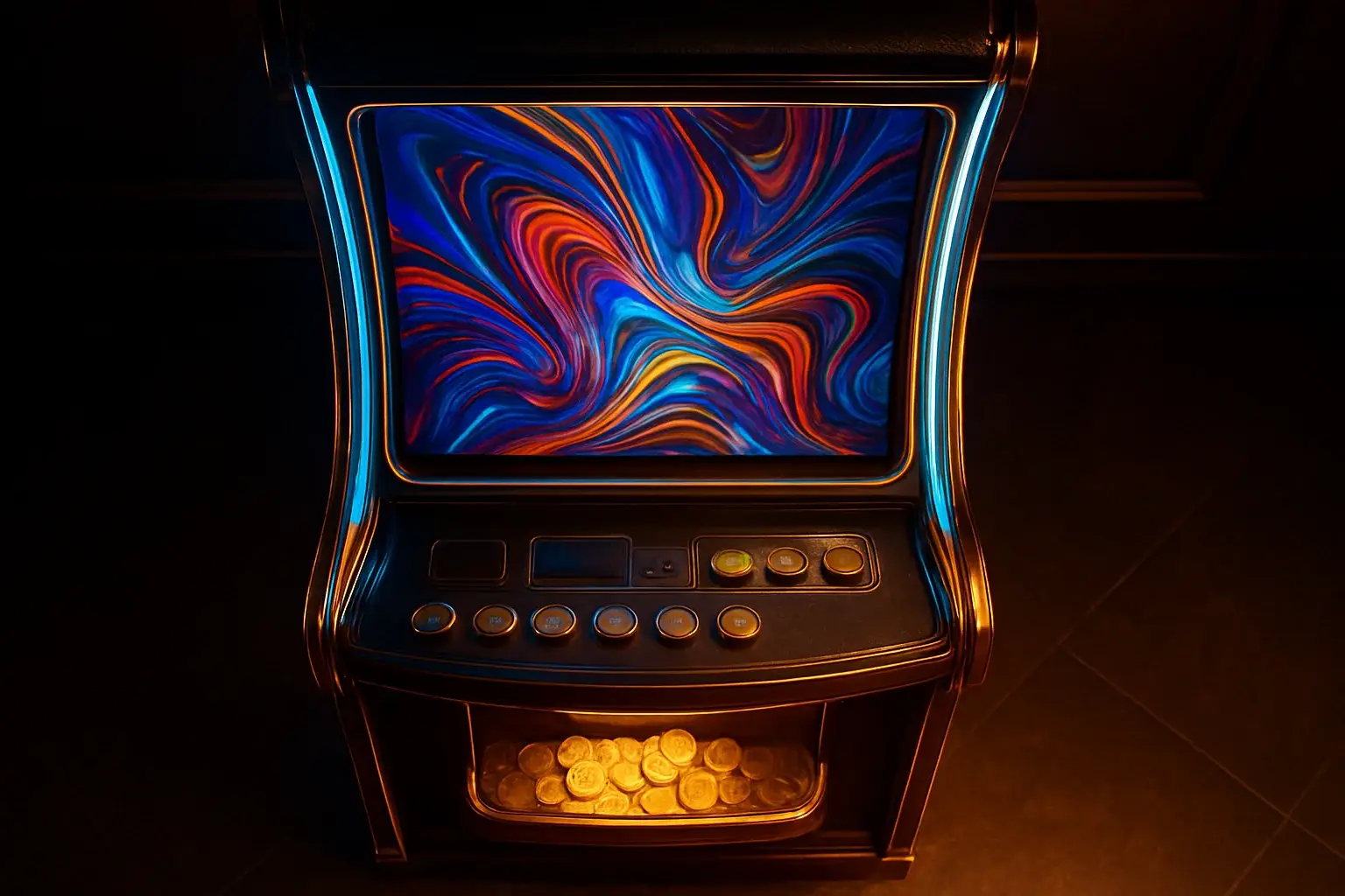 Hyperrealistic premium slot machine in dark luxury setting with neon lighting